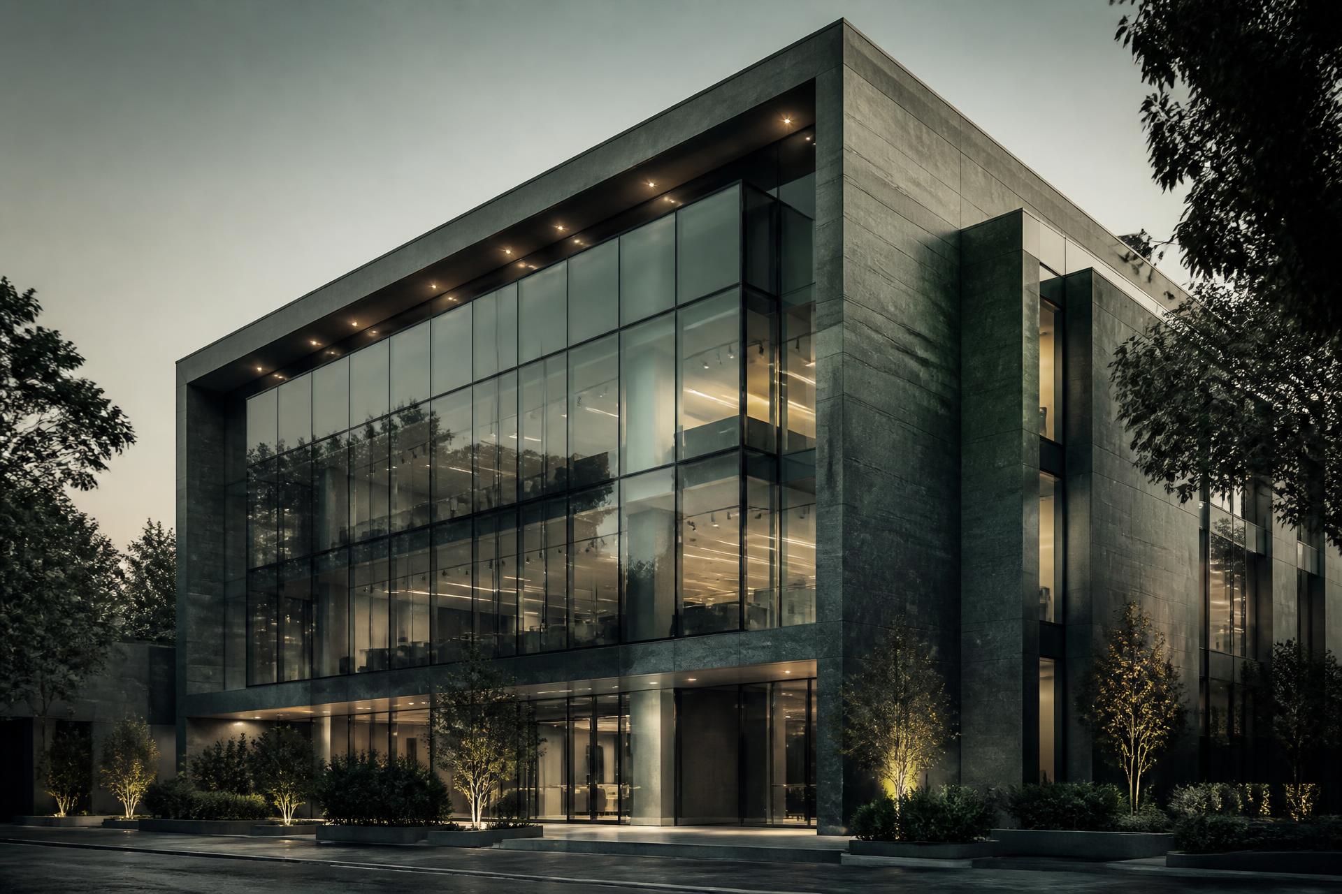 Modern commercial office building at dusk